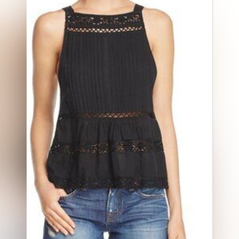 Free People Constant Crush Pintucked Tank Top - Black Lace Detail